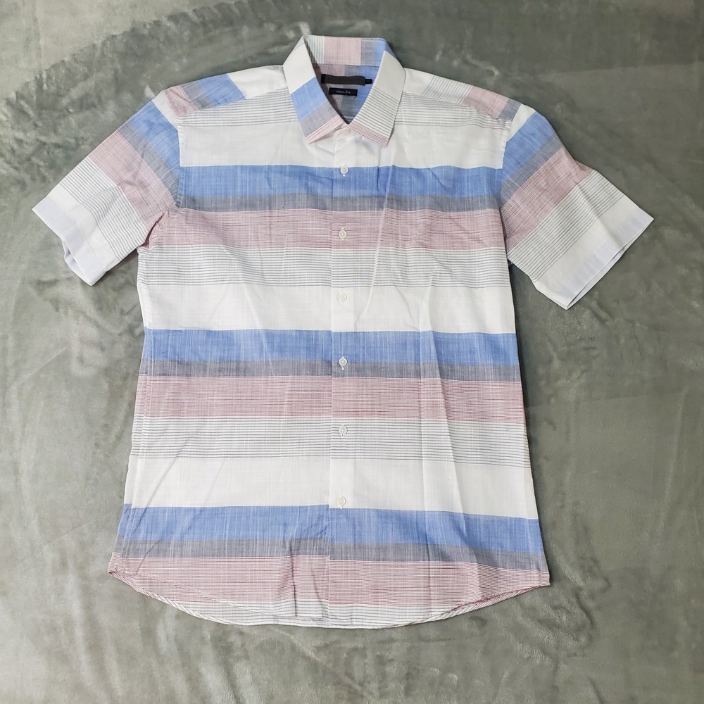 Elle Homme Mens Slim Fit Short Sleeve Button Down Striped Shirt Multicolor 105